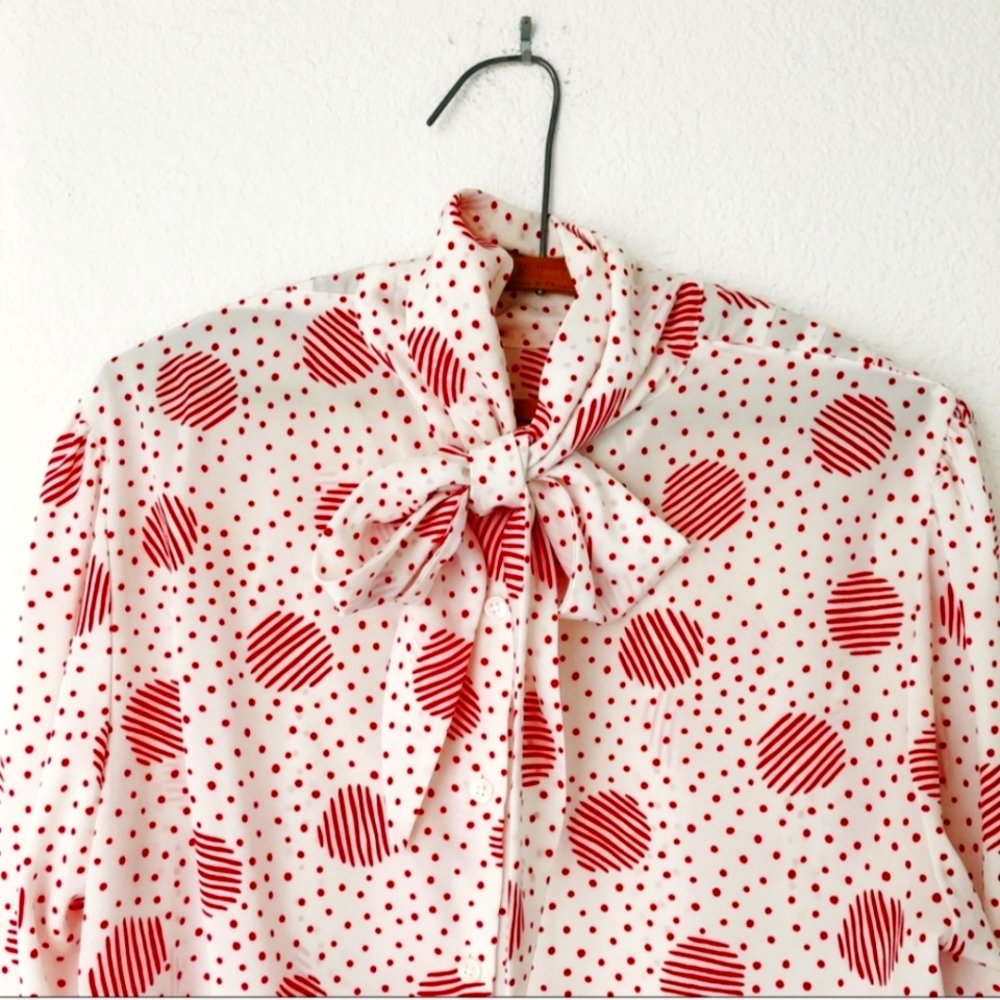 Vintage 80s polka dot tie bow blouse L